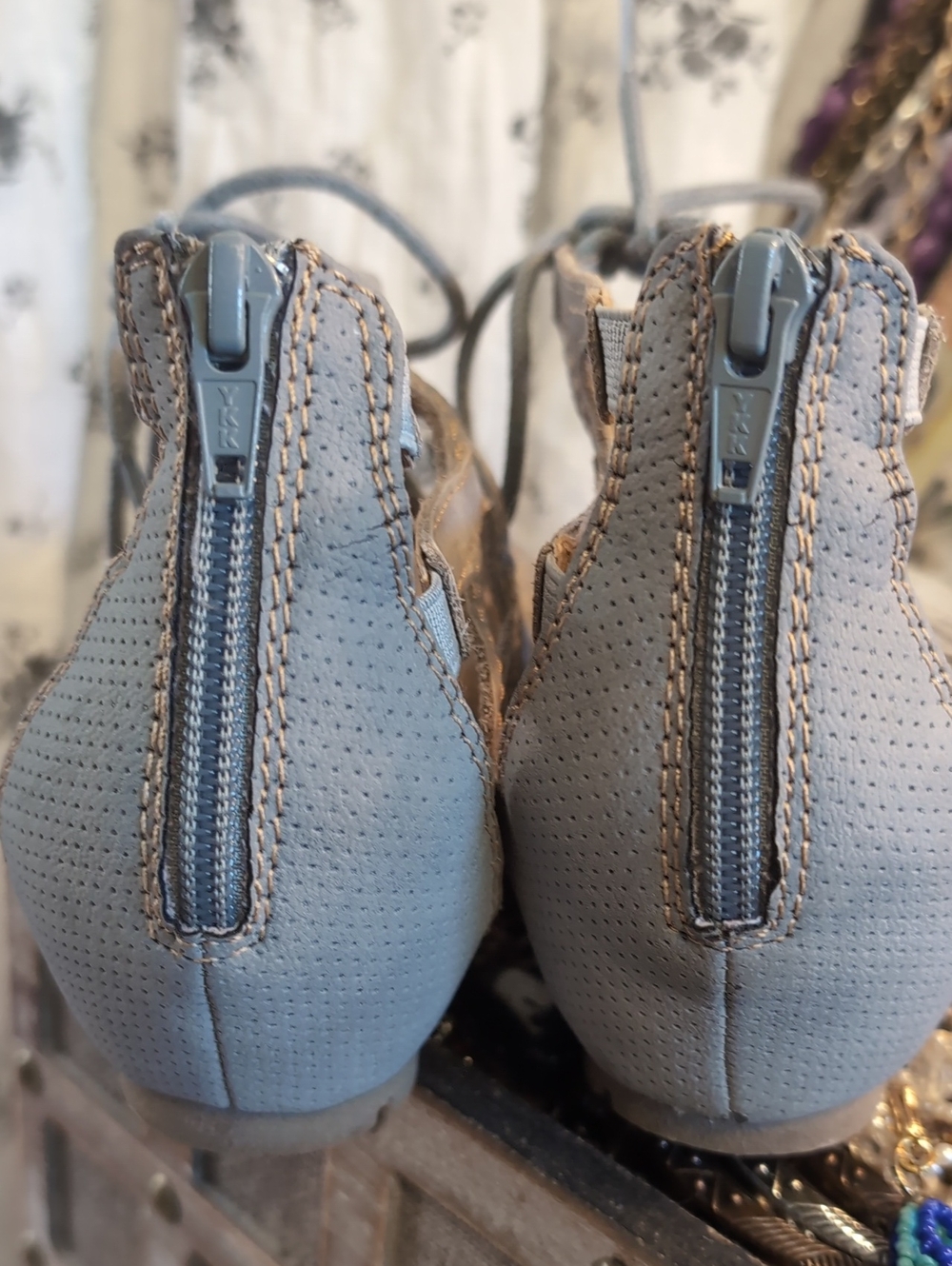 Lace-Up Leather Light Blue Gladiator Cutout Cork Wedge Sandals - Picture 8 of 12